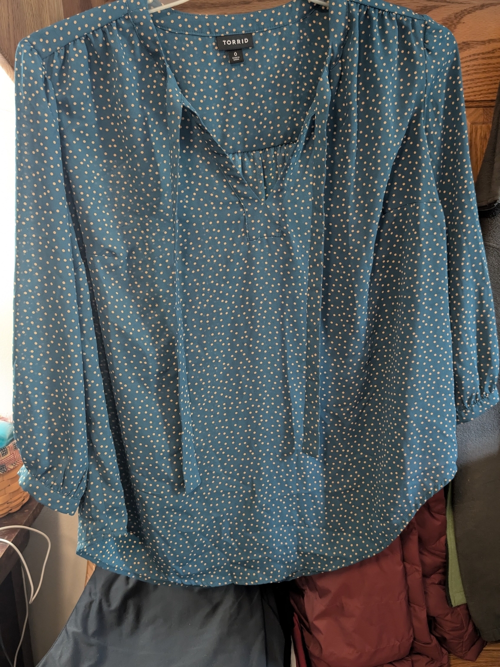 torrid teal polka dot blouse with tie neckline